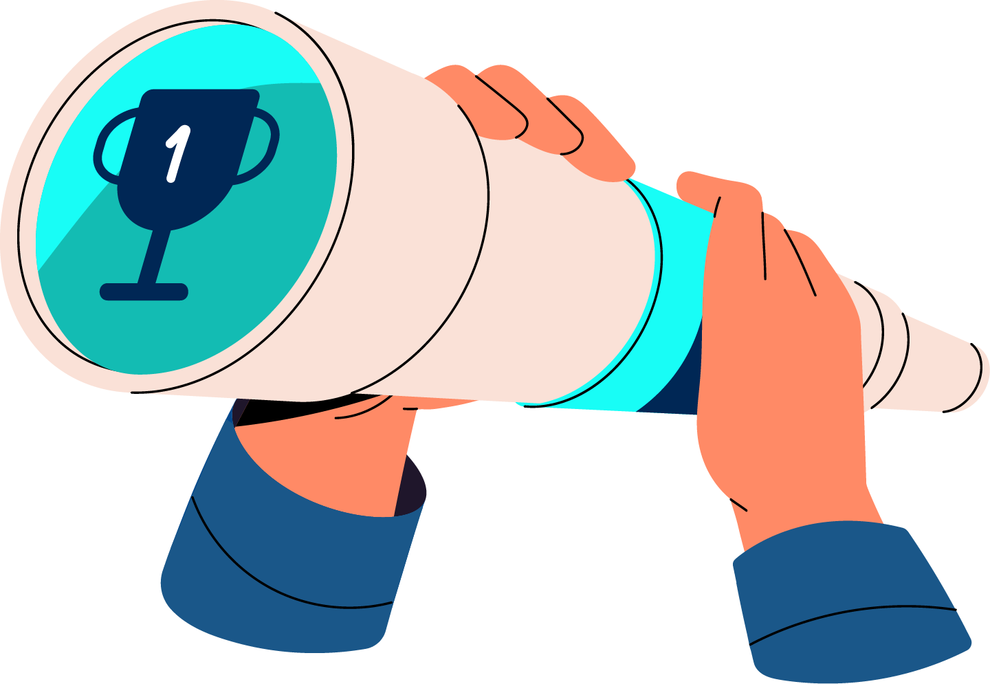 Ein Fernrohr, welches einen Pokal mit dem 1. Platz ins Visier nimmt.