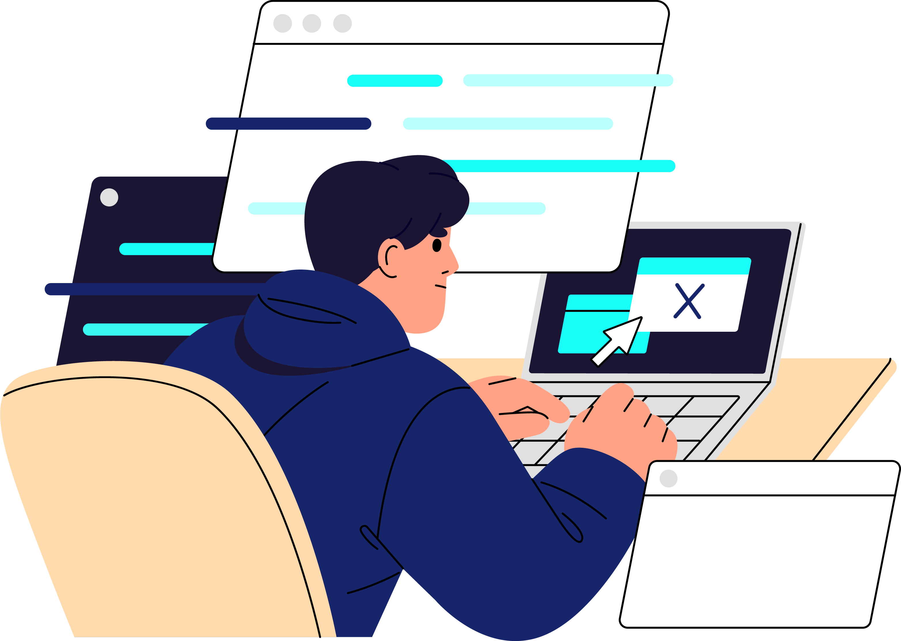 Cartoon Charakter der am PC arbeitet.